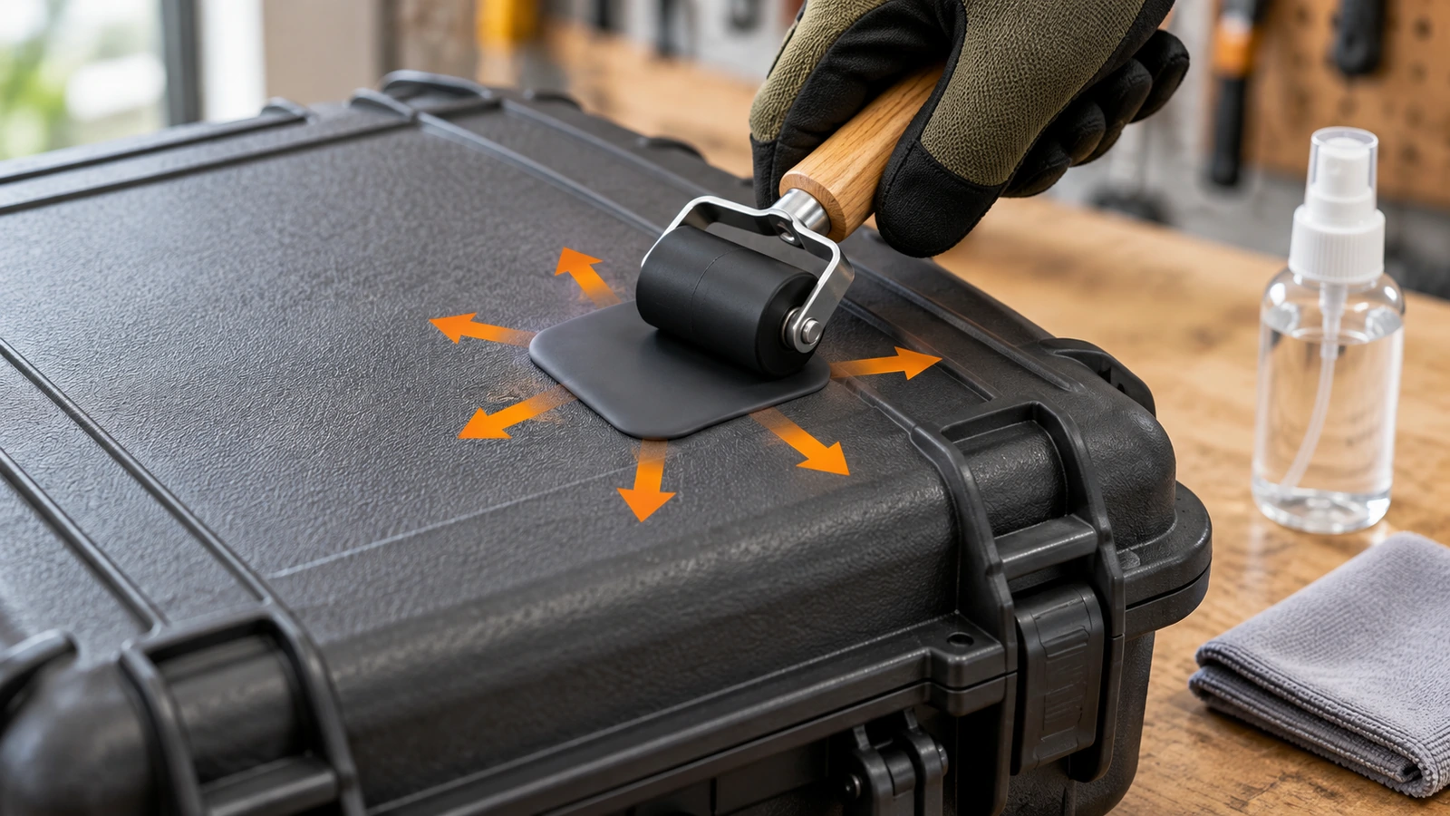 Hand roller pressing a soft rubber patch firmly onto a grained plastic case, with arrows showing even pressure from the center outward