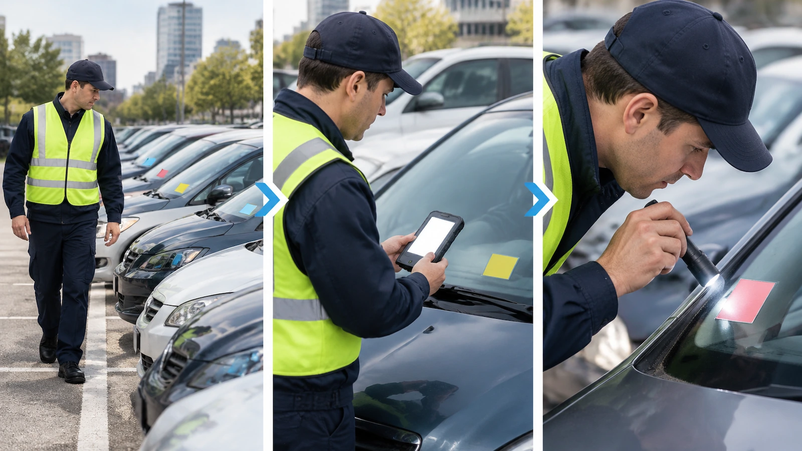 Parking patrol officer walking a row of parked cars, shown in three stages: glancing at windshields from a distance, scanning one permit with a handheld device, and leaning in to inspect the permit edge