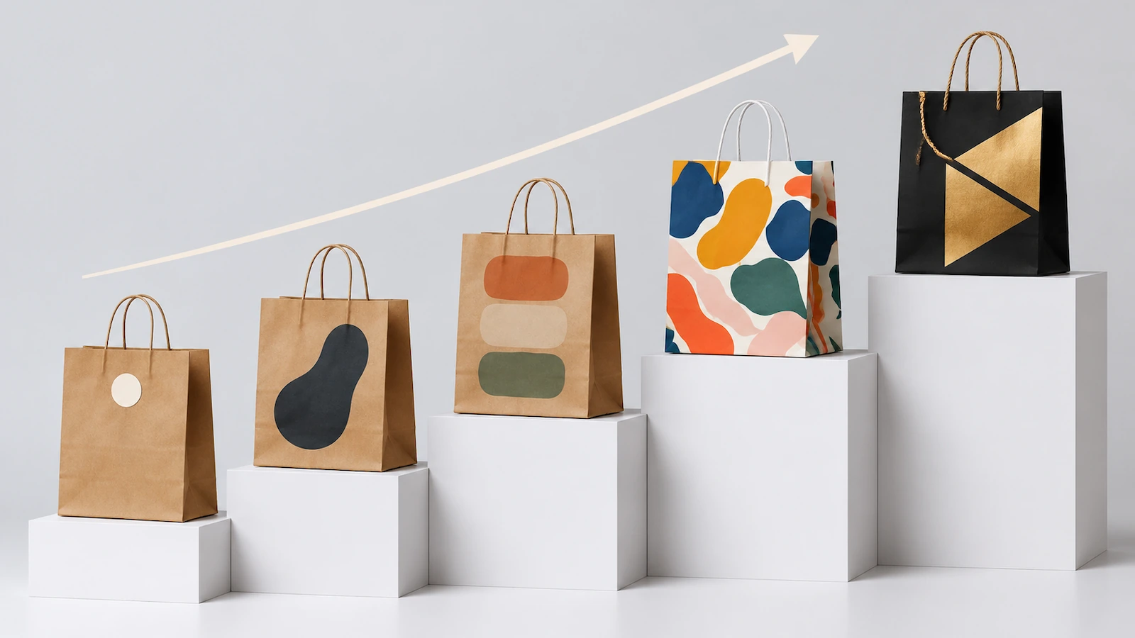 Ascending staircase of kraft paper bags showing increasing levels of print personalization