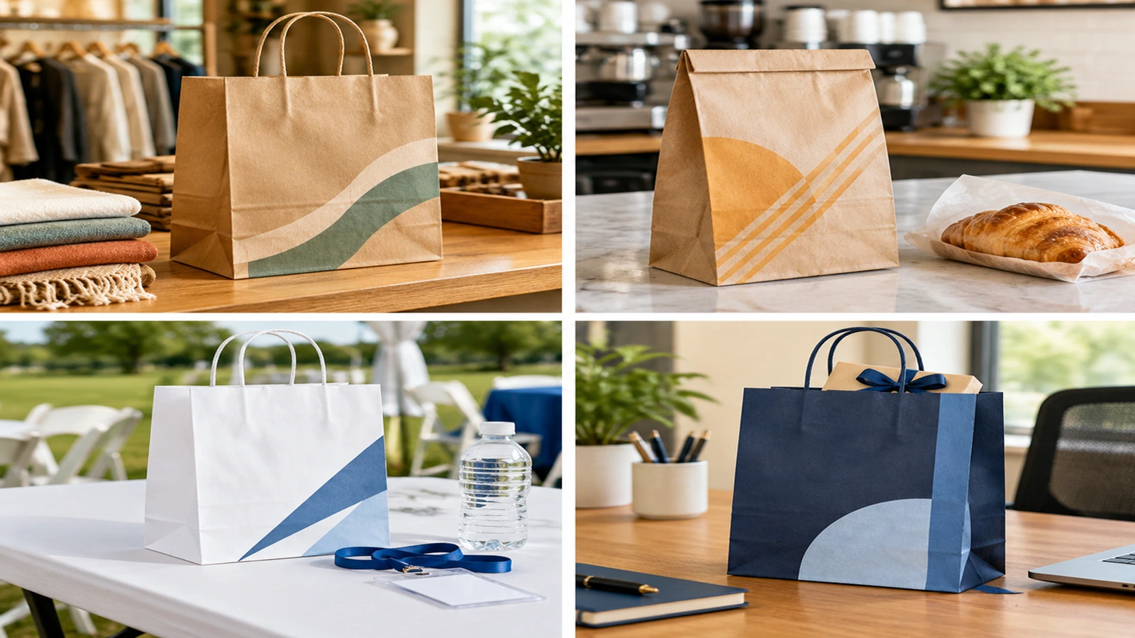 Four personalized kraft paper bags in retail, restaurant, event and corporate gifting settings