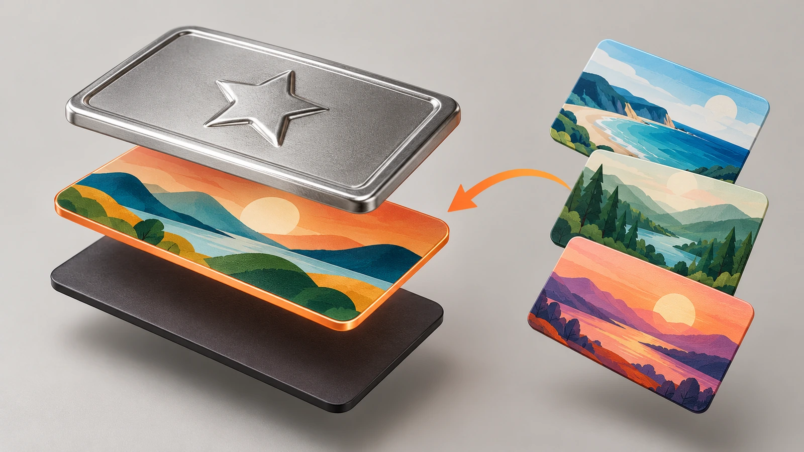 Exploded view of a personalized tin fridge magnet showing a shared embossed metal base, a changeable printed layer and a flexible magnetic backing