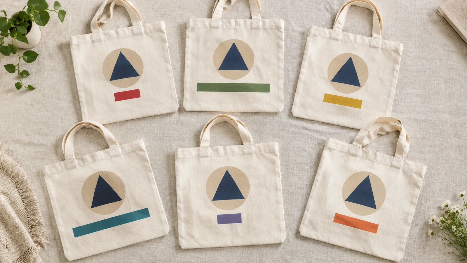 Row of natural cotton tote bags sharing the same logo shape, each with a different colored band where a recipient name is printed