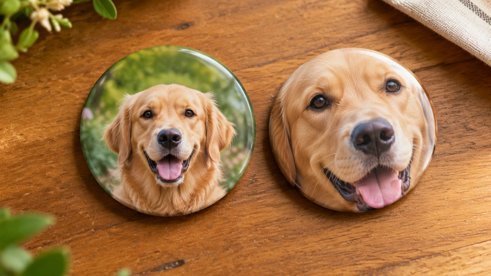 Two round photo buttons showing a golden retriever portrait: one well centered with open background around the head, one cropped so the ears curl over the edge