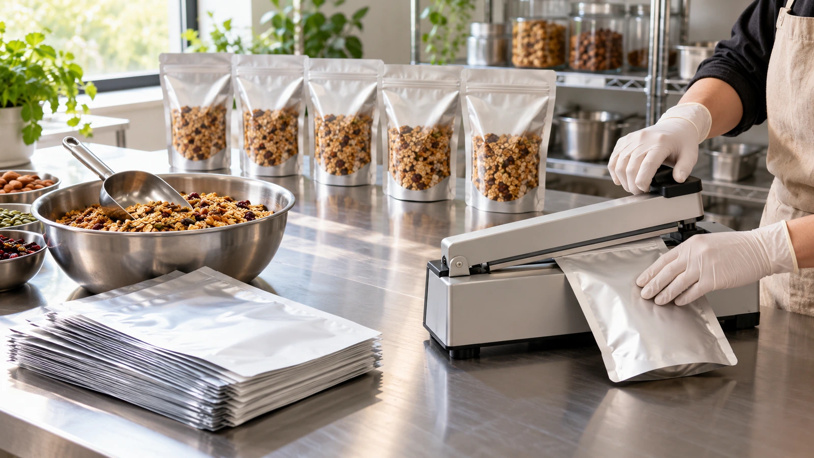 Workbench pilot setup with blank premade stand-up pouches, a scoop of product, an impulse sealer and a row of filled sample pouches standing upright