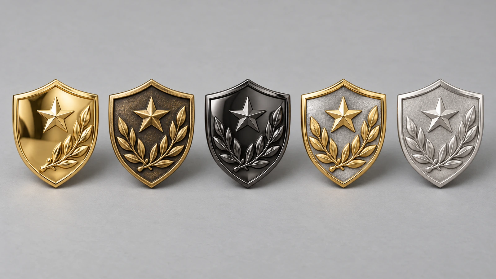 Five identical die struck lapel pins in a row showing polished gold, antique gold, black nickel, dual-tone gold and silver, and sandblasted silver finishes