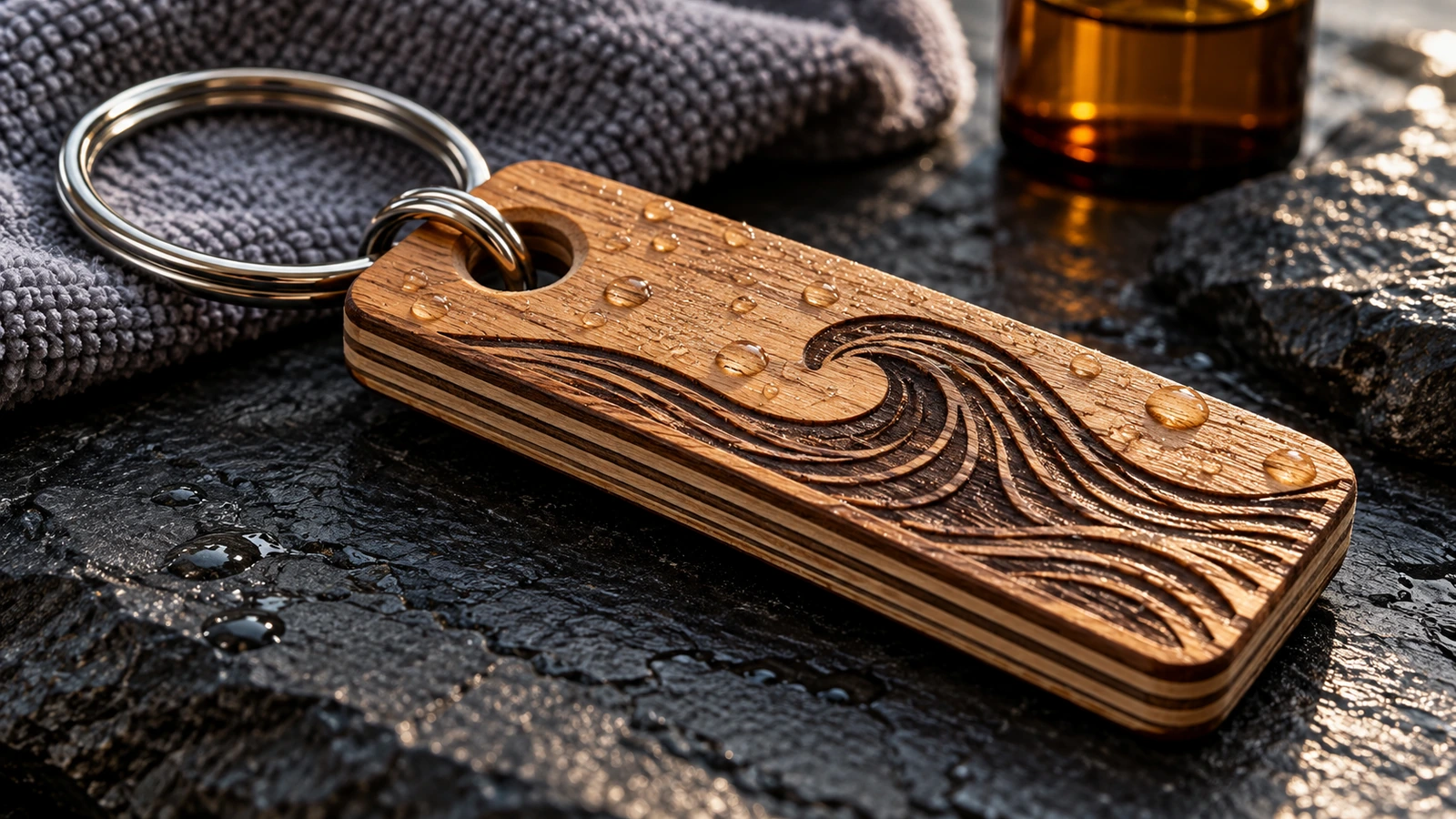 Macro view of a laser-cut plywood keychain edge showing layered veneers, a sealed surface with water beads and a secure metal split ring