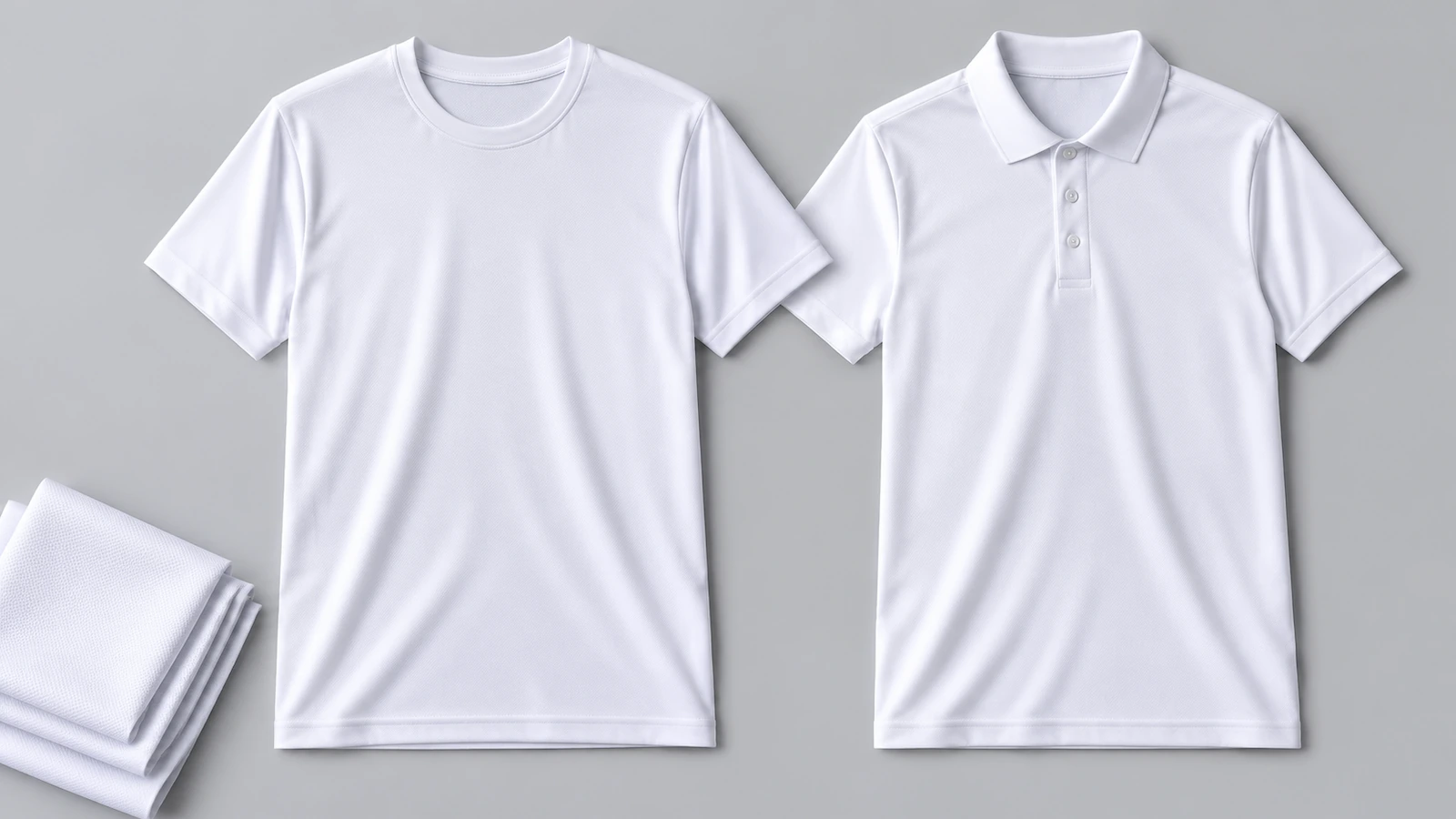 White unisex polyester sublimation tee laid flat beside a white performance polo on a light grey surface