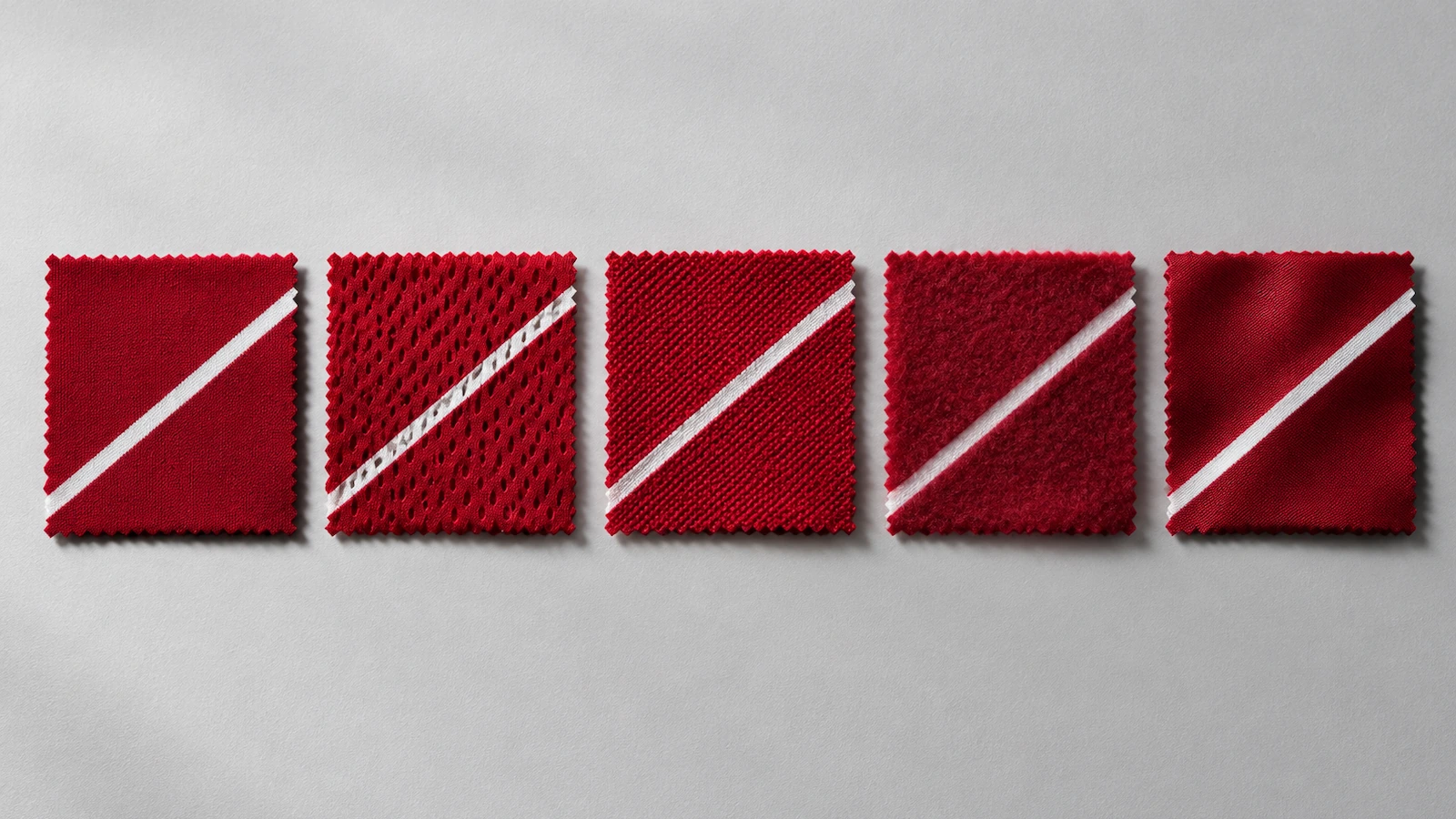 Polyester interlock, mesh, piqué, fleece and spandex knit swatches carrying the same printed color, showing subtle differences in density and texture