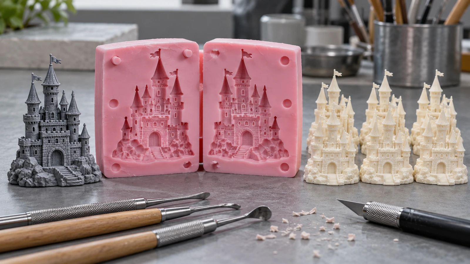 Master sculpt beside an open flexible mold and unpainted raw polyresin magnet castings on a workbench