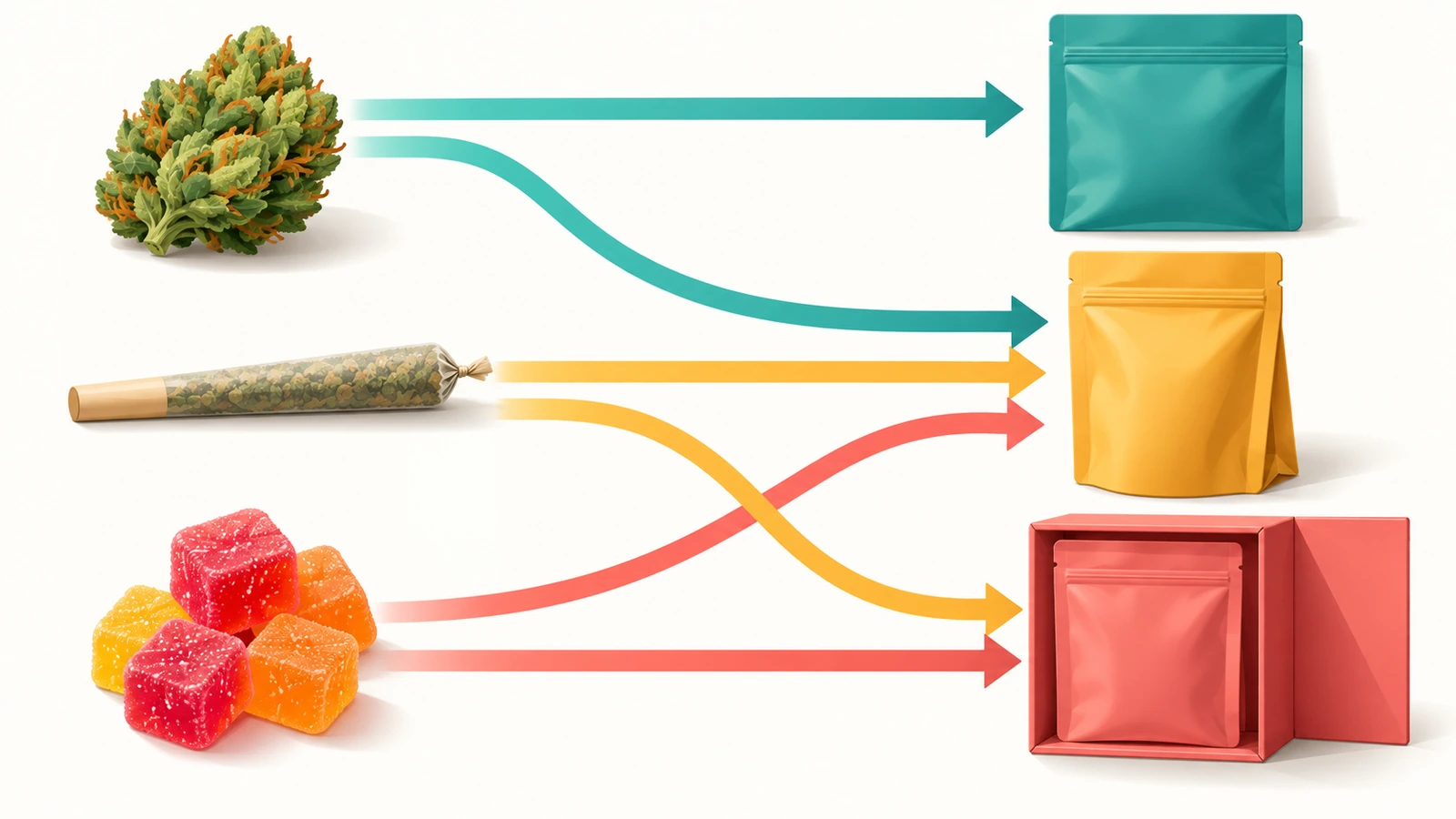 Decision flow diagram using colored shapes and arrows that routes flower, pre-roll and edible products to flat, stand-up or boxed pouch formats
