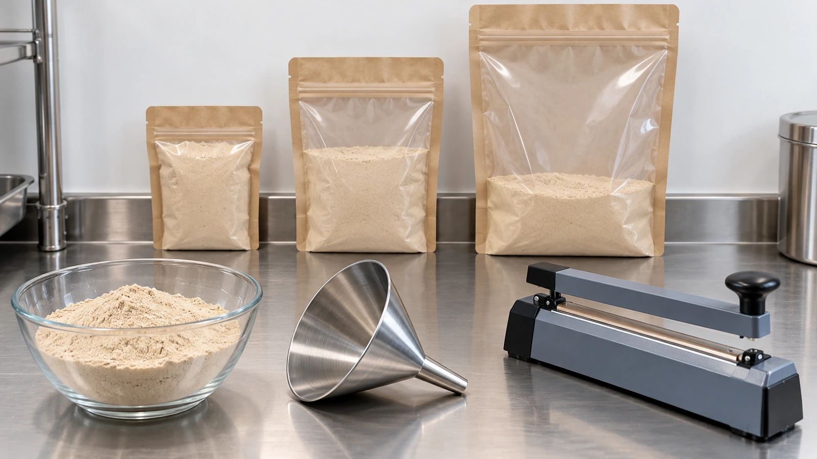 Row of plain flat pouches in three sizes filled with the same amount of powder, compared side by side during a fill trial
