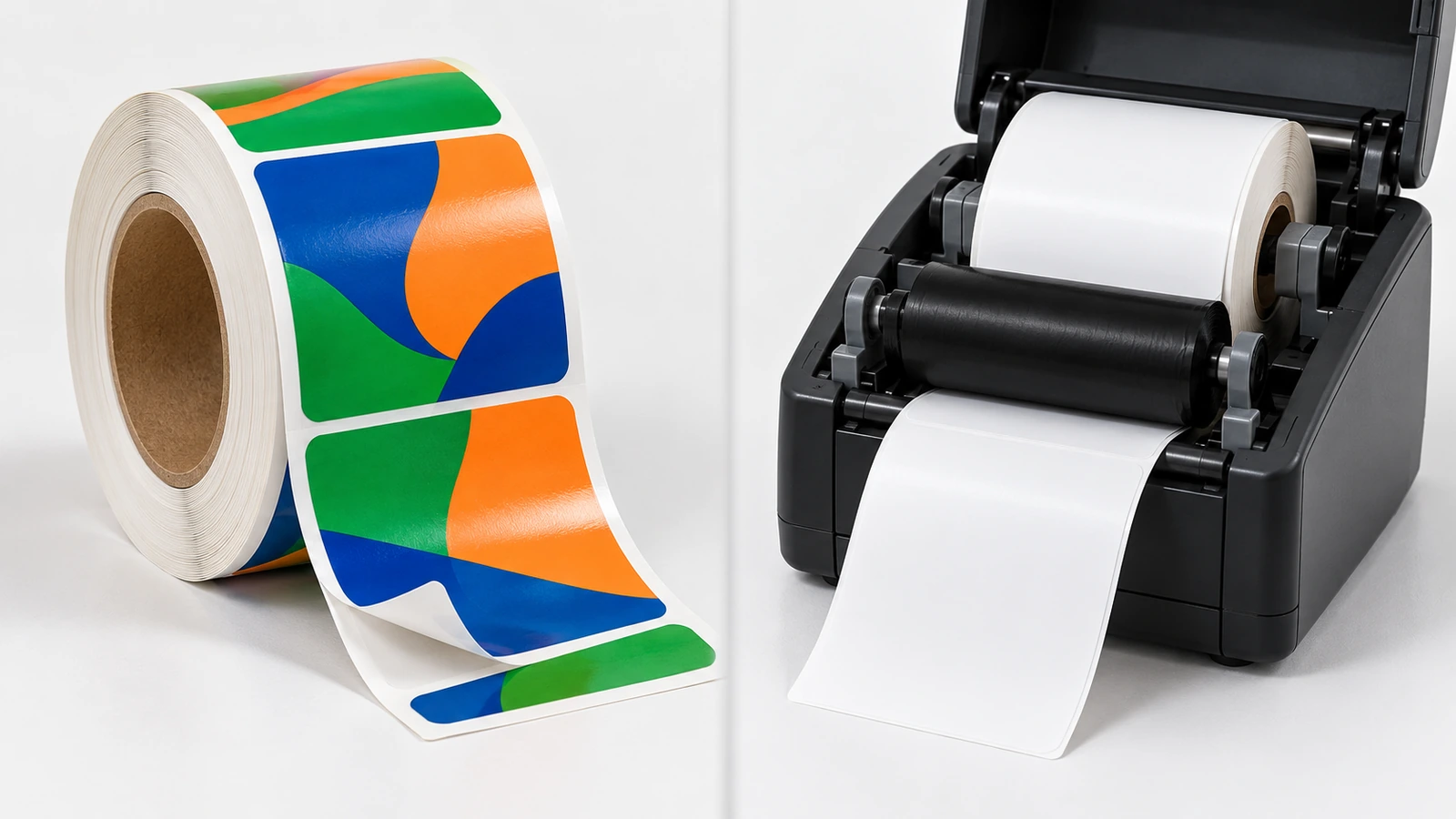 Two sourcing paths side by side: a converter-printed roll of full-color labels on the left and a white blank label roll feeding a compact thermal-transfer printer on the right
