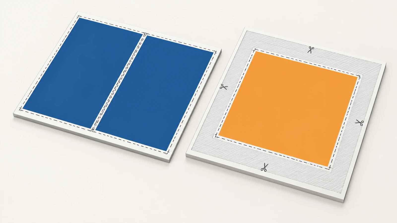 Top-down diagram of press sheets comparing efficient nesting of portrait spreads with square spreads that leave unused gray areas