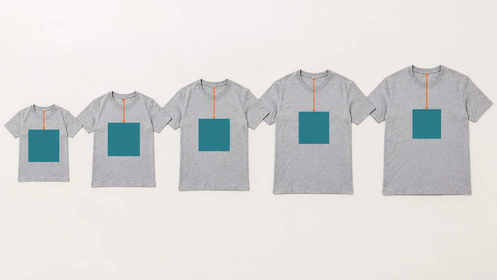 Row of folded t-shirts from small to extra large with the same-sized print block, arrows measuring distance down from the collar seam