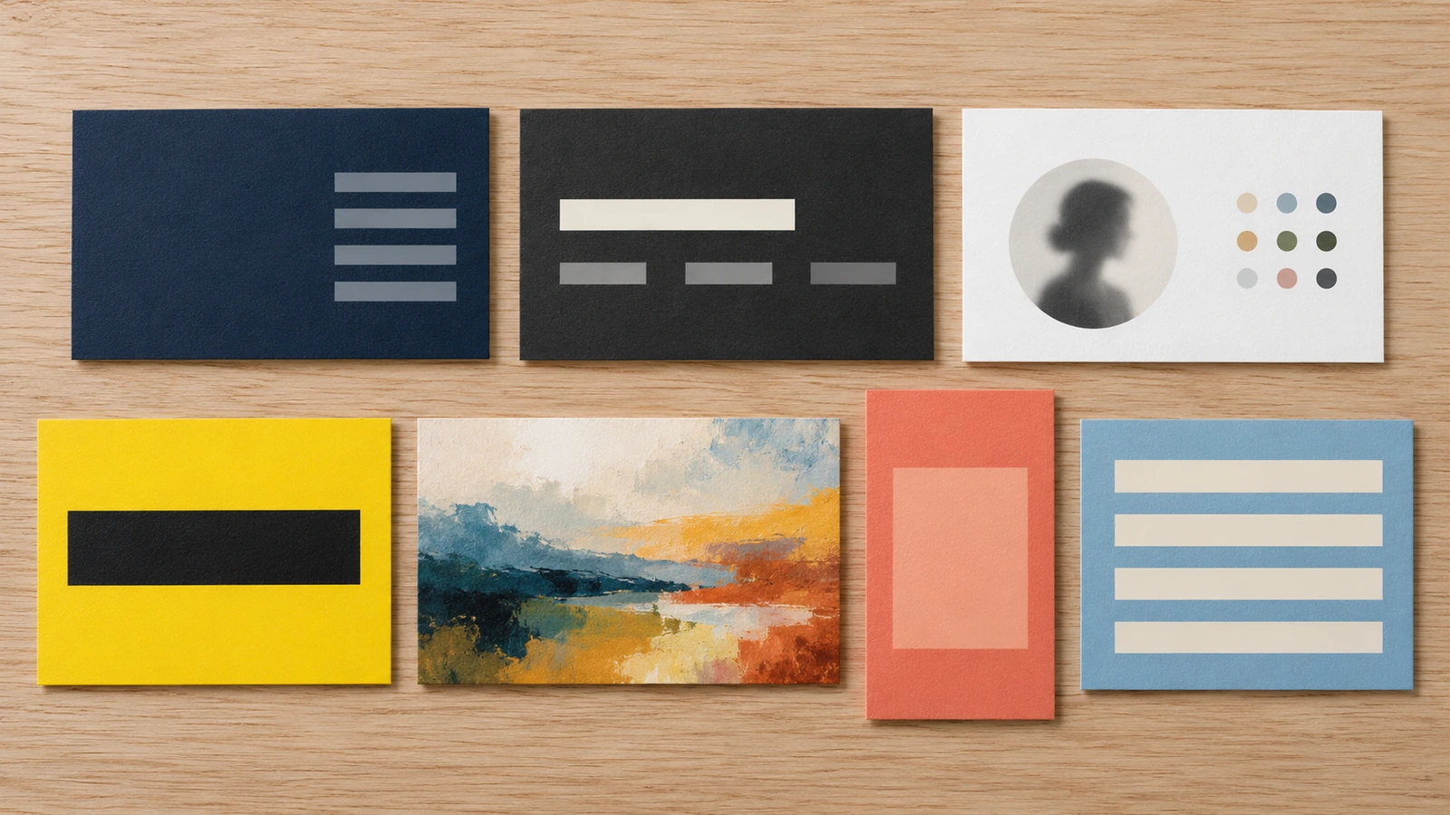 Gallery of professional business card examples for law, real estate, trades, creative, tech, healthcare and hospitality, arranged on a neutral desk