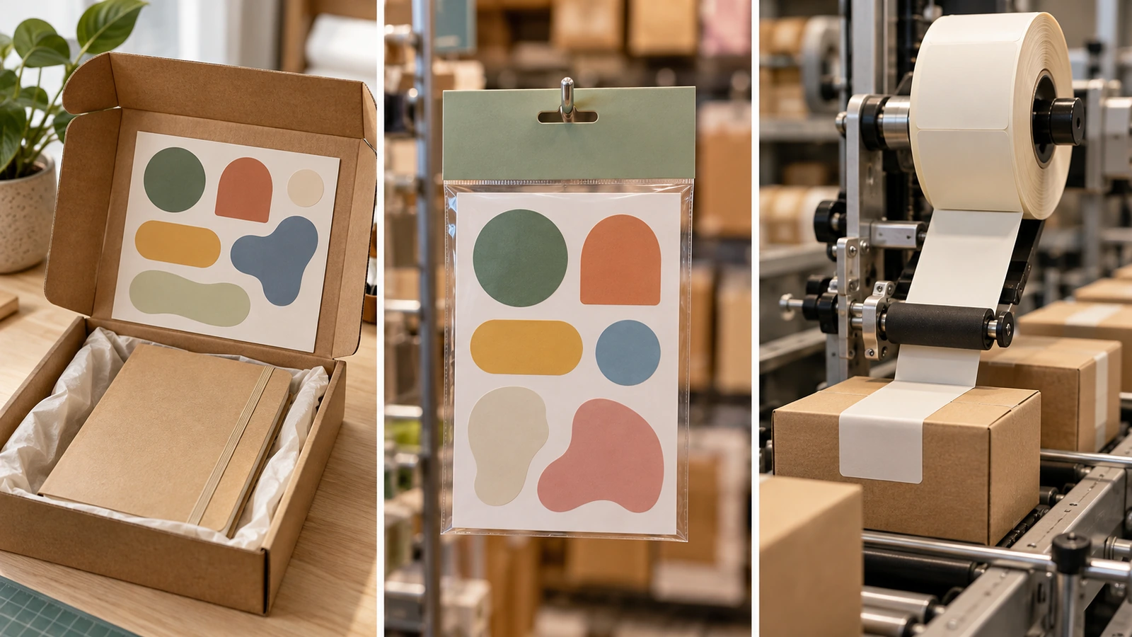 Three B2B scenes: a promo kit box with a sticker sheet inside, a retail sleeve holding a sticker sheet, and a roll of labels mounted on a packaging-line applicator