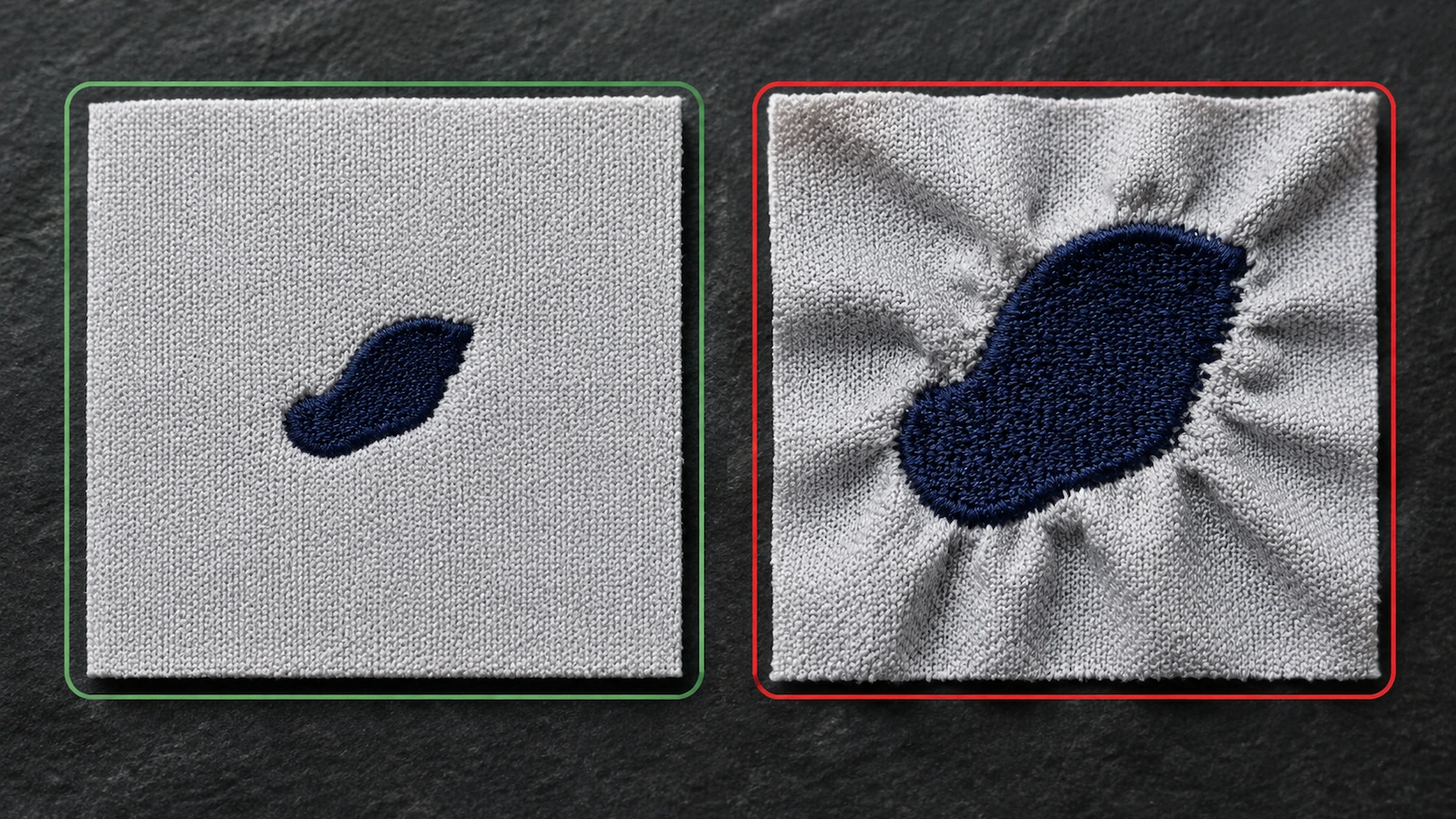 Two piqué swatches side by side, one with a flat clean embroidered emblem framed in green and one with rippled puckered fabric around the stitching framed in red