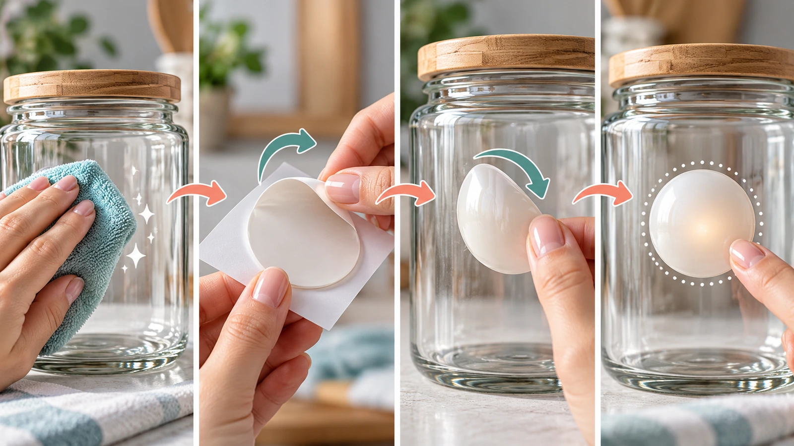 Four-step illustration of applying a puffy sticker: wiping a jar surface, peeling at a low angle, hinging into position, and pressing around the edge