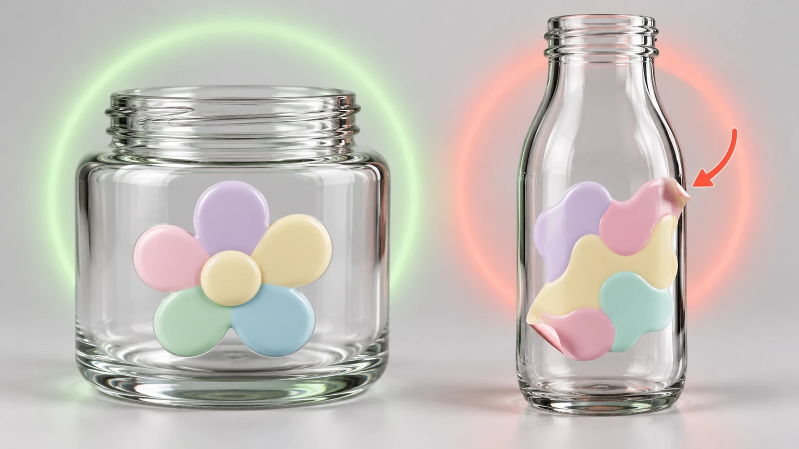 Comparison of a puffy sticker sitting flat on a gently curved glass jar versus edges lifting on a narrow bottle neck