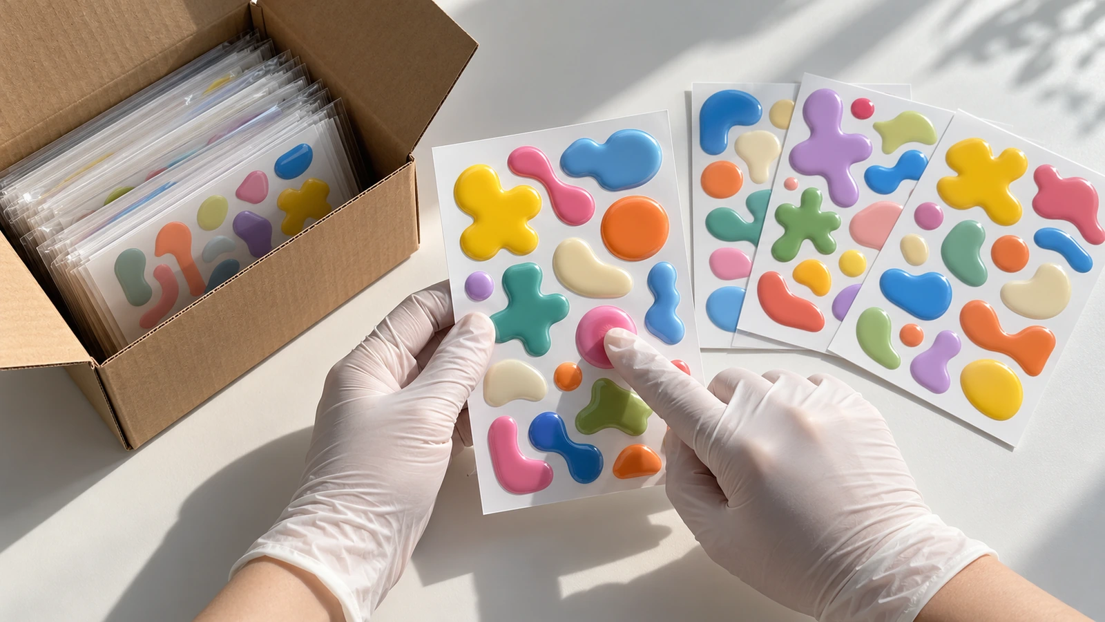 Hands pressing the dome of a puffy sticker on a sheet beside an opened shipping carton to check foam recovery during receiving inspection