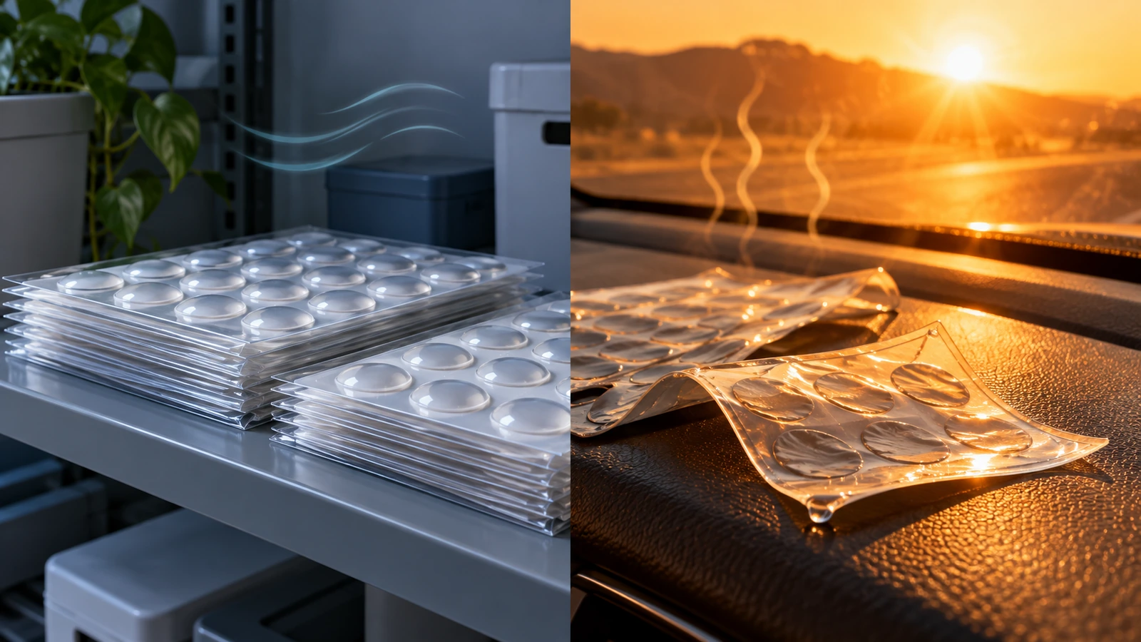 Split scene comparing puffy sticker sheets stored flat on a cool shaded shelf with warped sheets left in sun on a hot vehicle dashboard