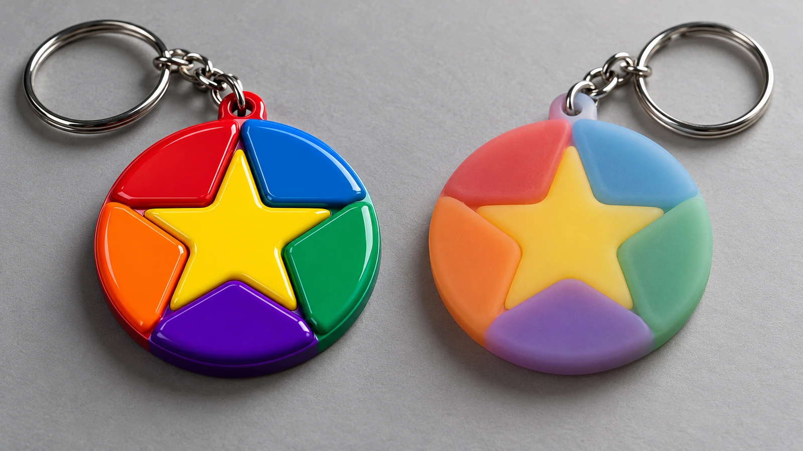 Glossy soft PVC keychain with raised color walls next to a matte silicone keychain with softer color edges