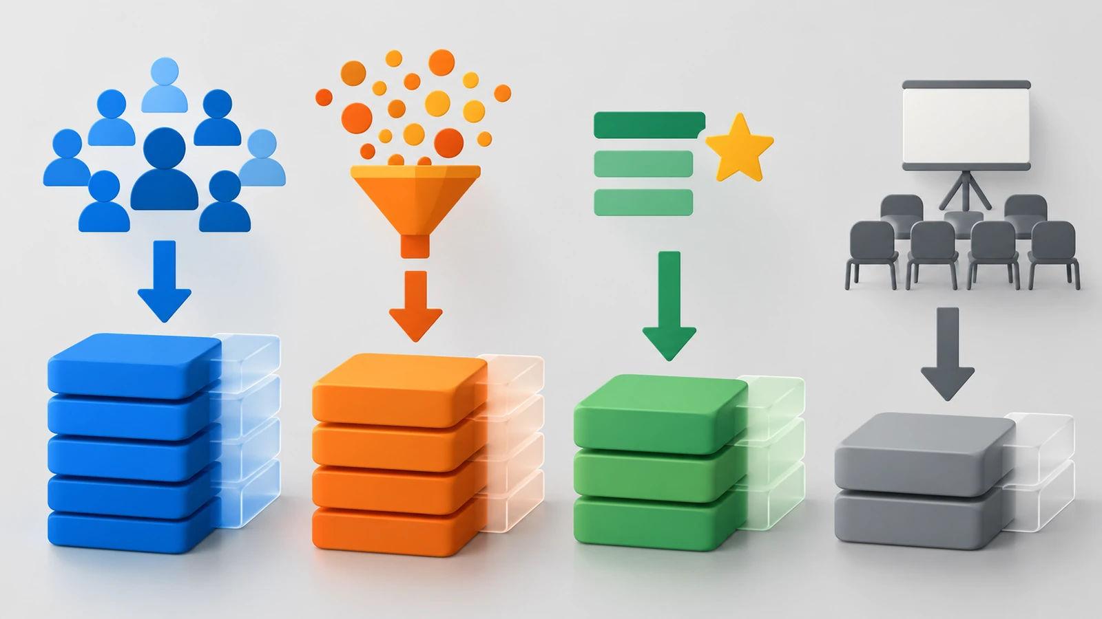 Diagram of four notebook stacks of different heights, each fed by its own arrow from a different source shape, showing that each program's quantity comes from a different driver