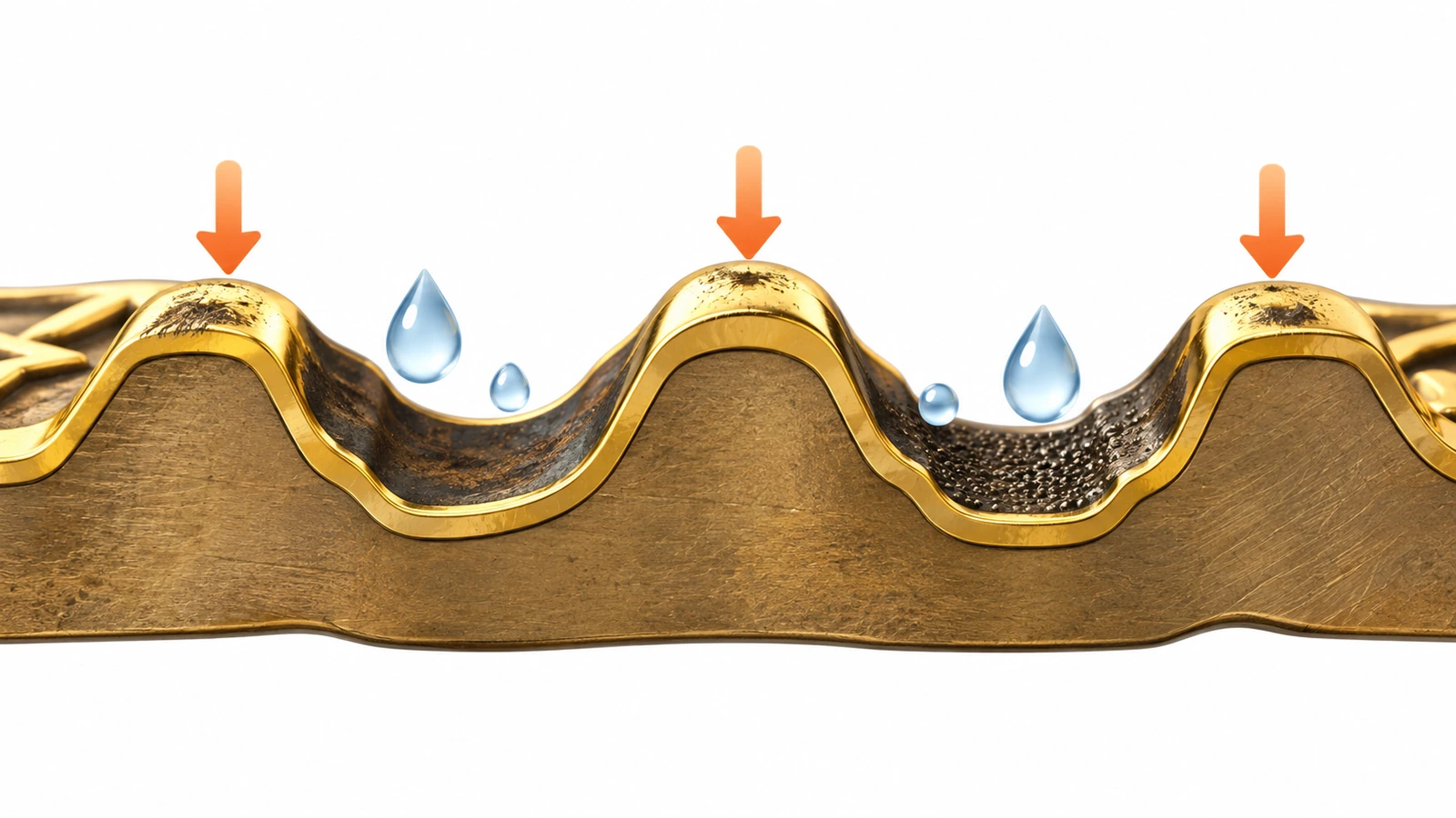Cross-section diagram of a die struck pin showing base metal, plating layer, raised polished areas and recessed textured or darkened areas, with arrows marking where wear starts
