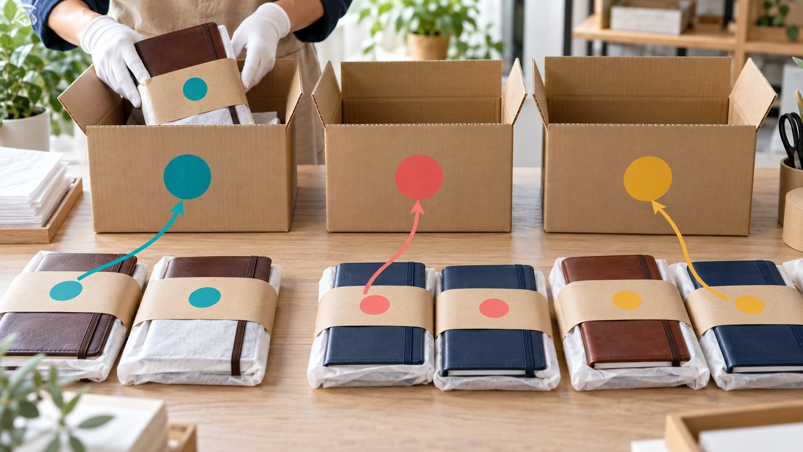 Personalised leather journals in sleeves with colour-coded tags matched to colour-coded shipping cartons