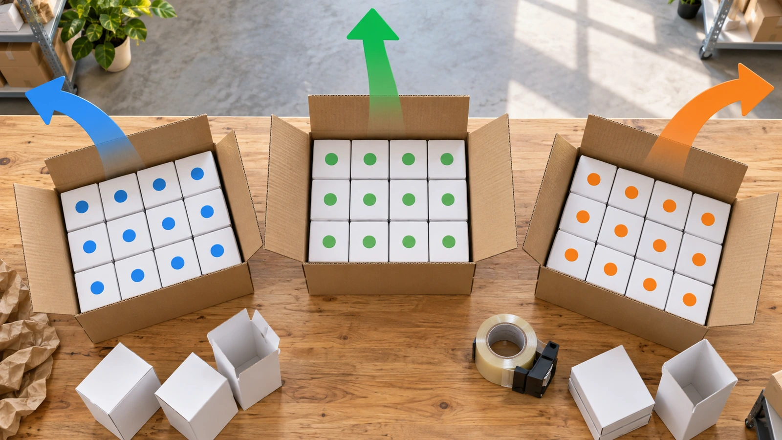 Individually boxed tumblers sorted into color-coded groups inside larger shipping cartons, with arrows showing each group heading to a different destination