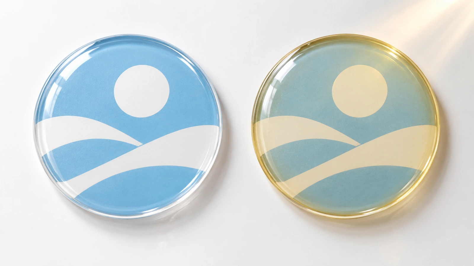 Two identical light-colored domed badges side by side, one crystal clear and one with an amber tint from resin aging