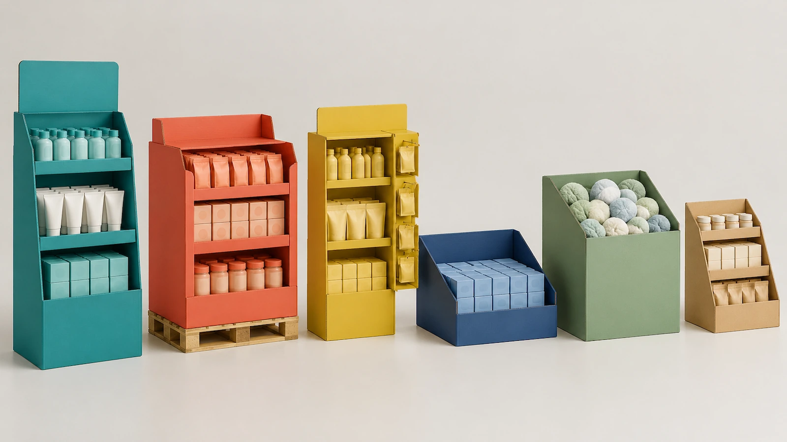 Six retail display box formats side by side: a freestanding floor display, a pallet display, an endcap unit with a side-mounted sidekick, a shelf-ready tray, an open dump bin, and a small counter unit