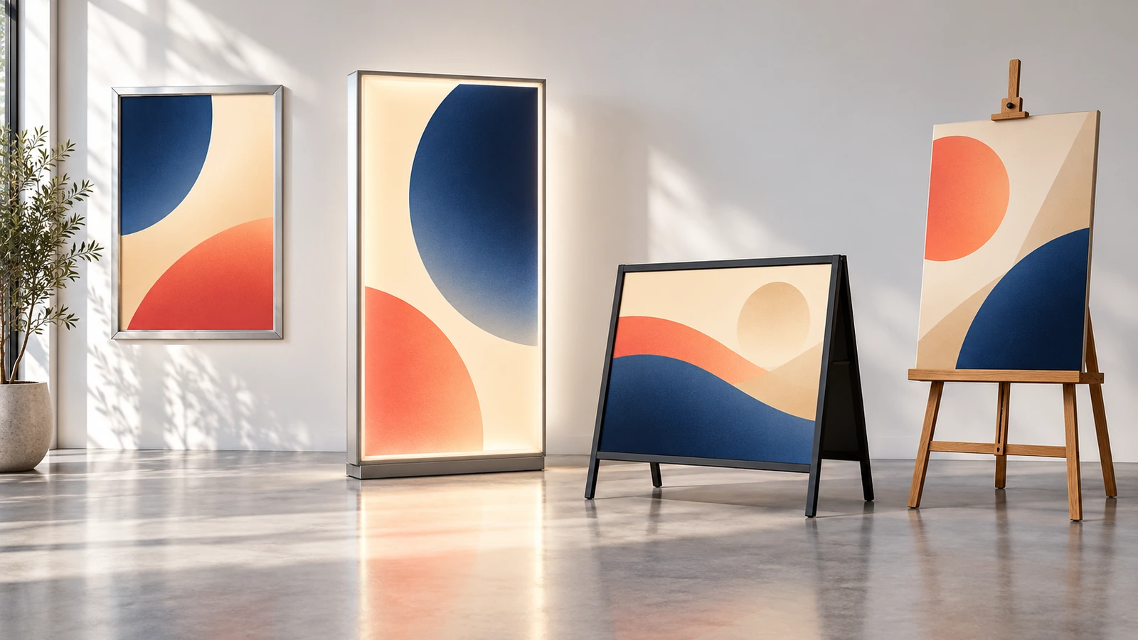 Row of blank display hardware in a clean showroom: an aluminum snap frame, a backlit light box, a sidewalk A-frame and an event easel, each holding a plain color-block poster