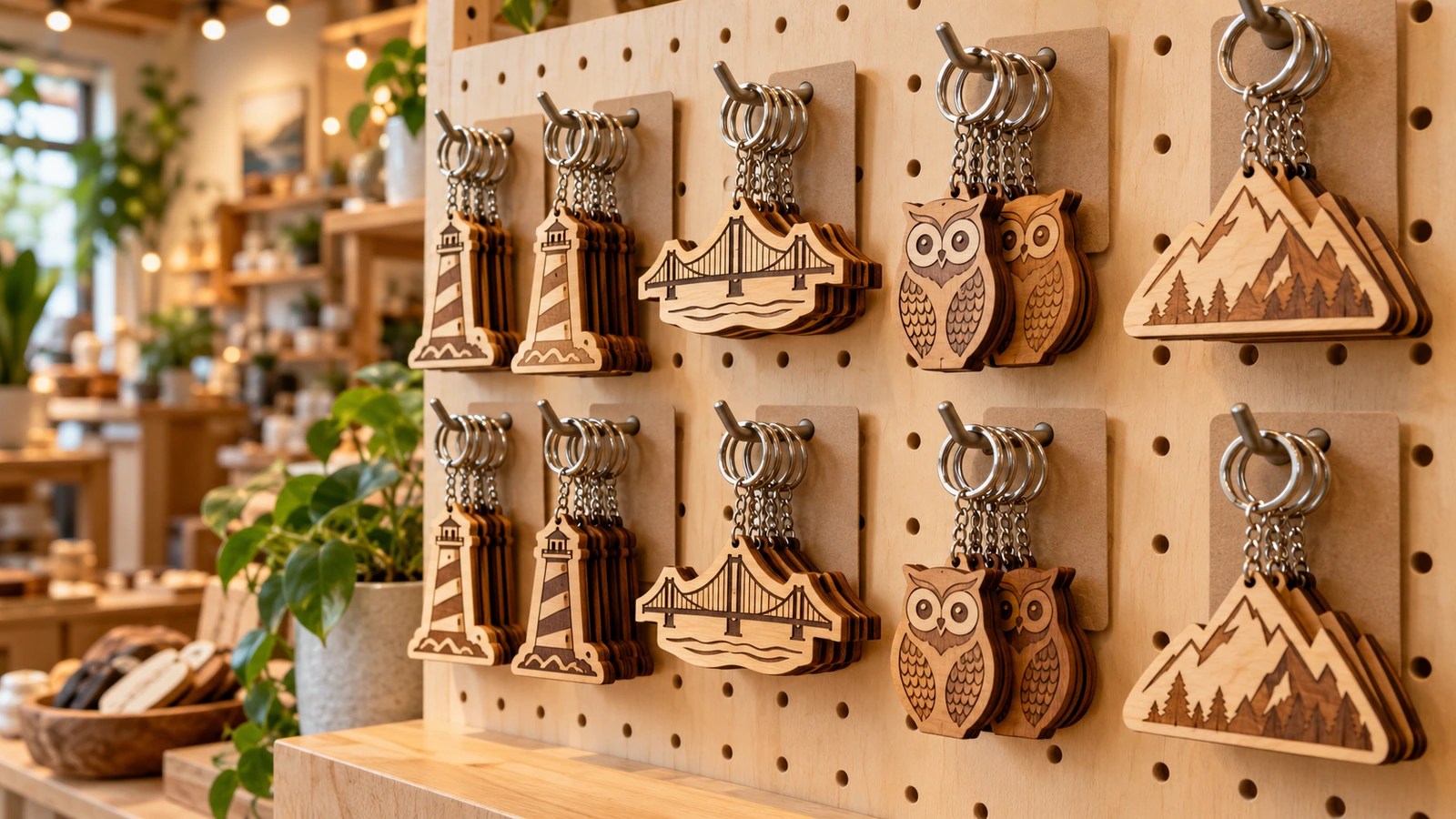 Retail pegboard display of illustrated wooden keychains in landmark and mascot silhouettes with natural grain variation