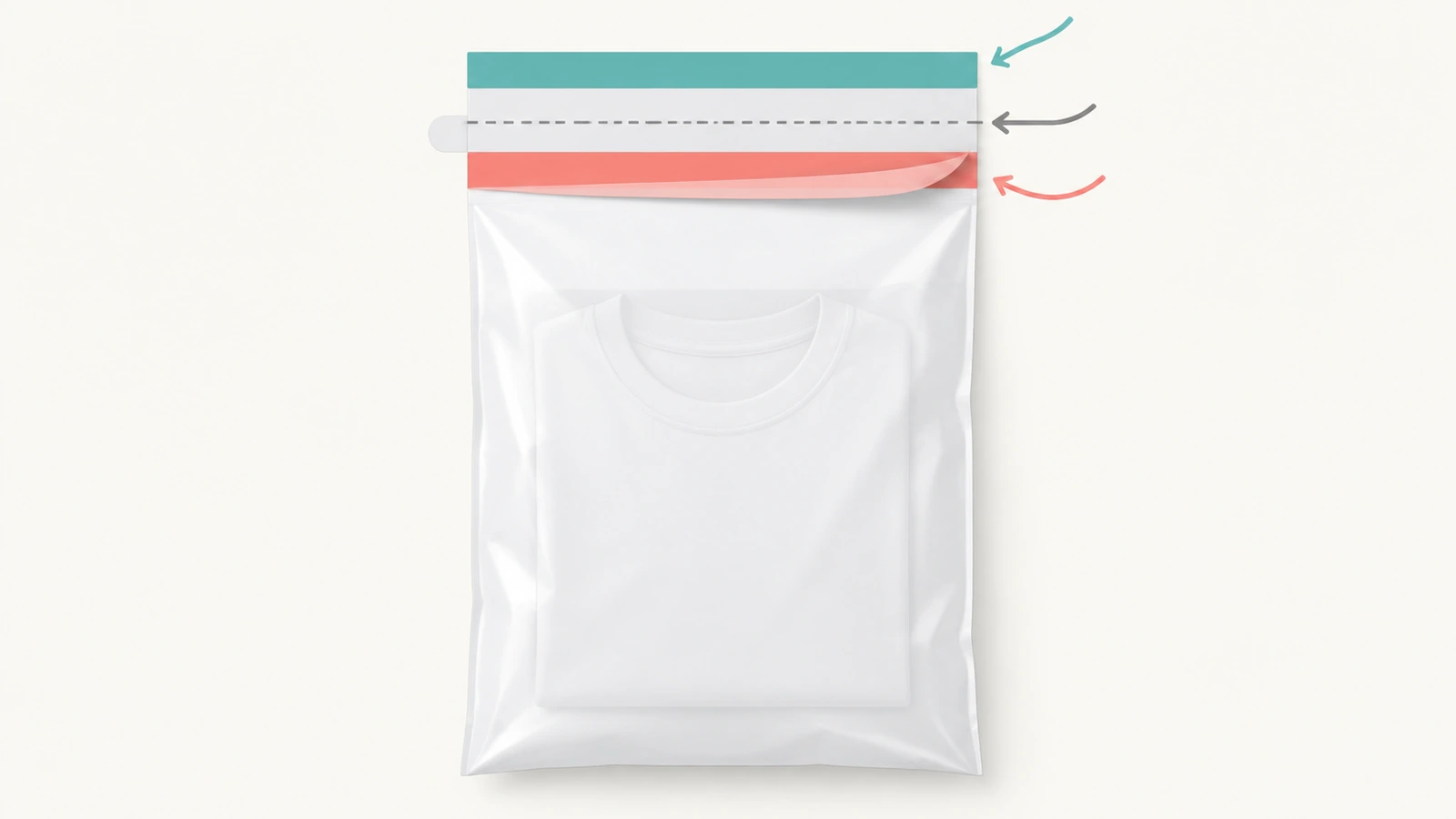 Illustrated anatomy of a returnable poly mailer showing the outbound adhesive seal, a perforated tear line just below it, and a second covered adhesive strip for the return trip