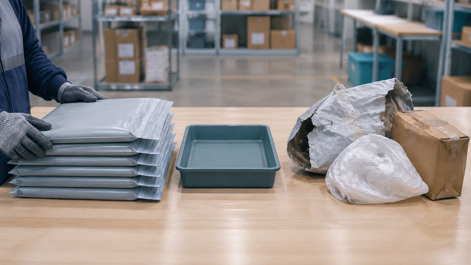 Returns station with two neat groups of returned mailers on a sorting table, one group made of intact resealed bags and the other of torn bags and mixed improvised packaging