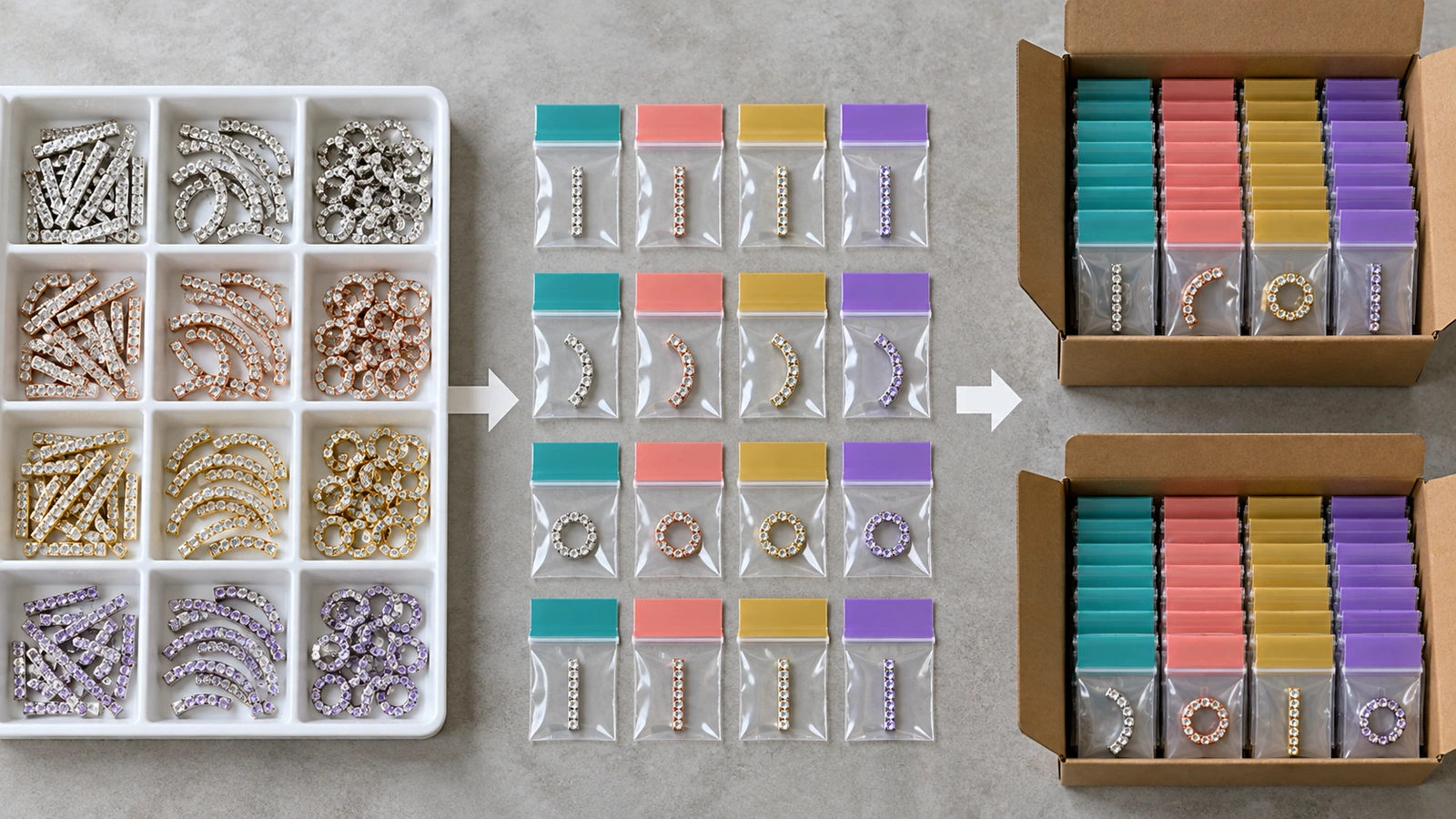 Rows of small clear resealable bags in a grid, each with a color-coded tab and small rhinestone pieces inside, arranged in sequence from a sorting tray into shipping boxes to show kitting by name or number