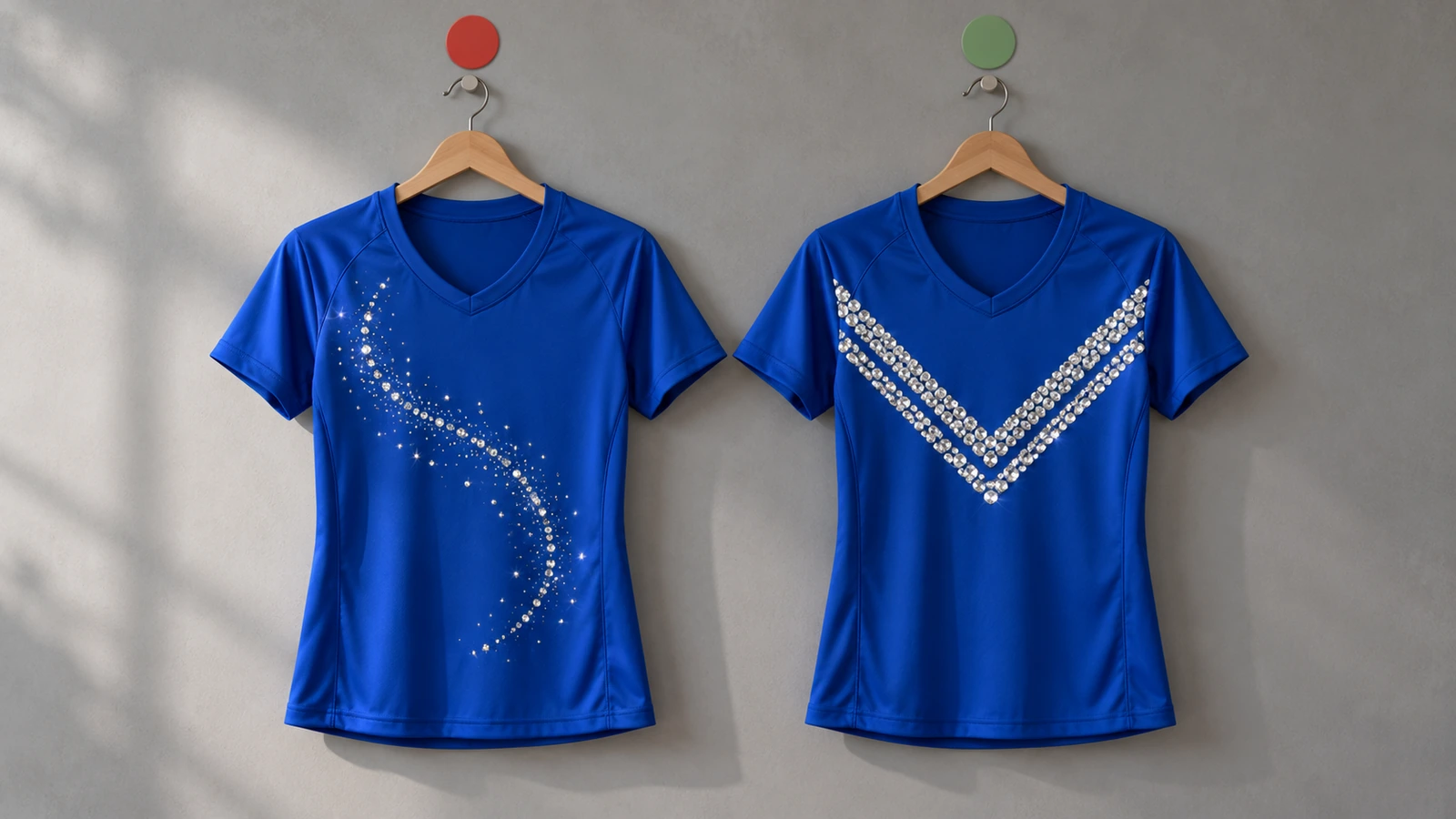 Two blank jersey backs compared: a thin single-row rhinestone swirl that blurs into scattered sparkle at distance versus bold double-row rhinestone bars that stay sharp, showing why stroke width drives legibility