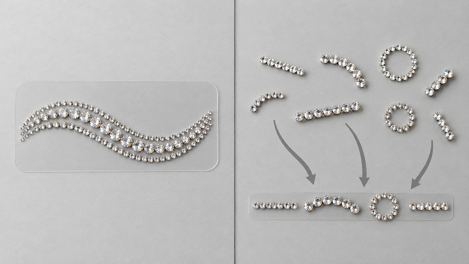 Split view comparing one rhinestone carrier sheet holding a single complete motif with loose individual rhinestone pieces being lined up along a straight guide by arrows, contrasting pre-built name sheets with individual characters