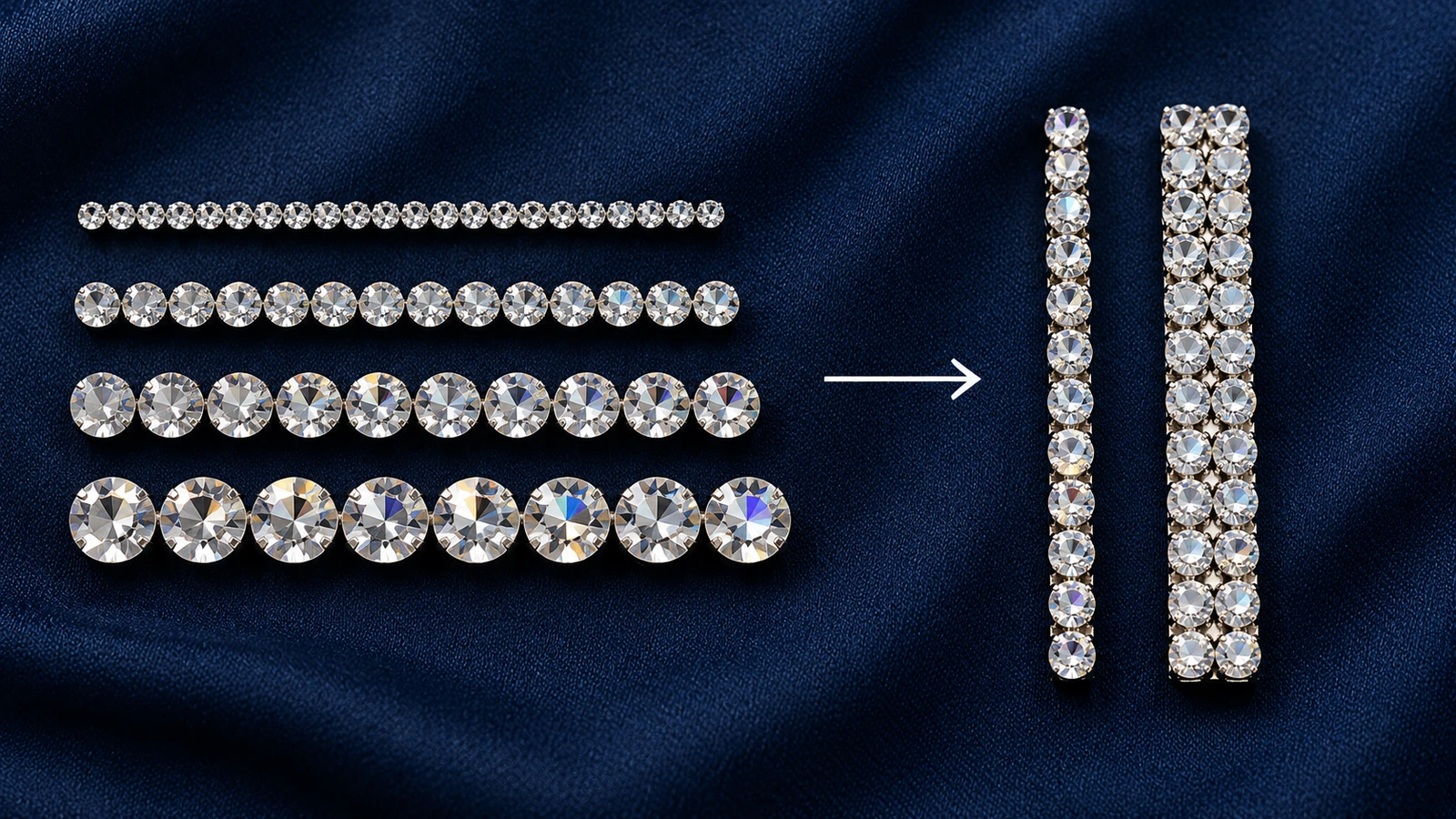 Four rows of clear rhinestones in increasing diameters on navy fabric, beside single-row and double-row bars showing how stone size sets stroke width for letters and numbers