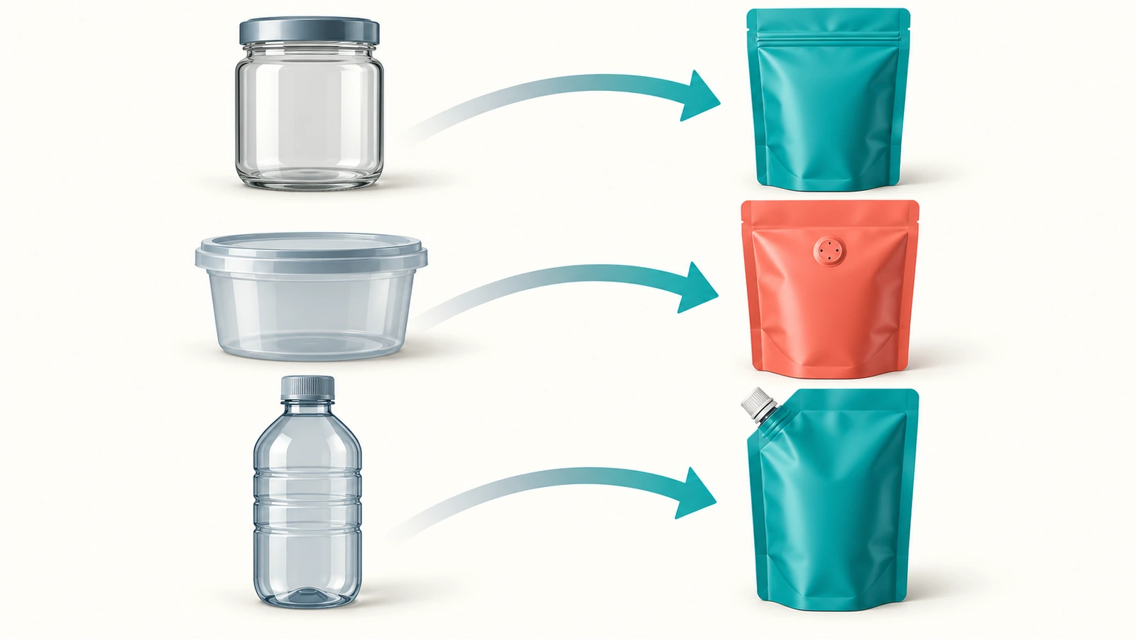 Glass jars, plastic tubs and bottles on the left with arrows leading to matching flexible stand-up pouches on the right
