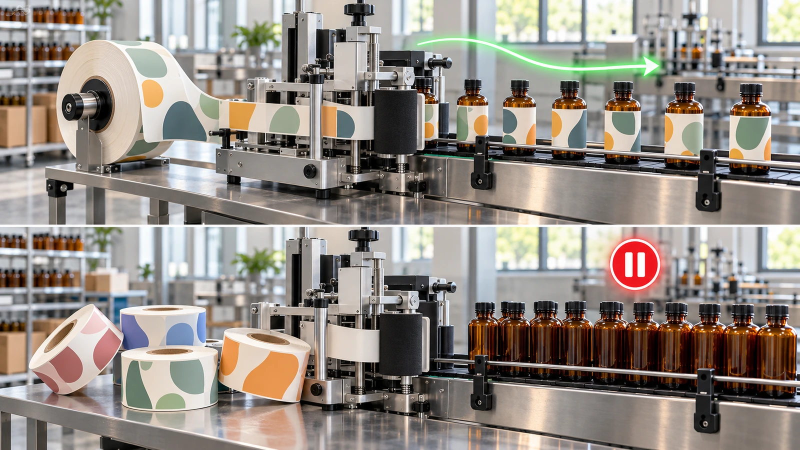 Bottle labeling line comparing one large continuous label roll feeding smoothly, marked with a green arrow, against several small rolls causing a stop, marked with a red pause shape