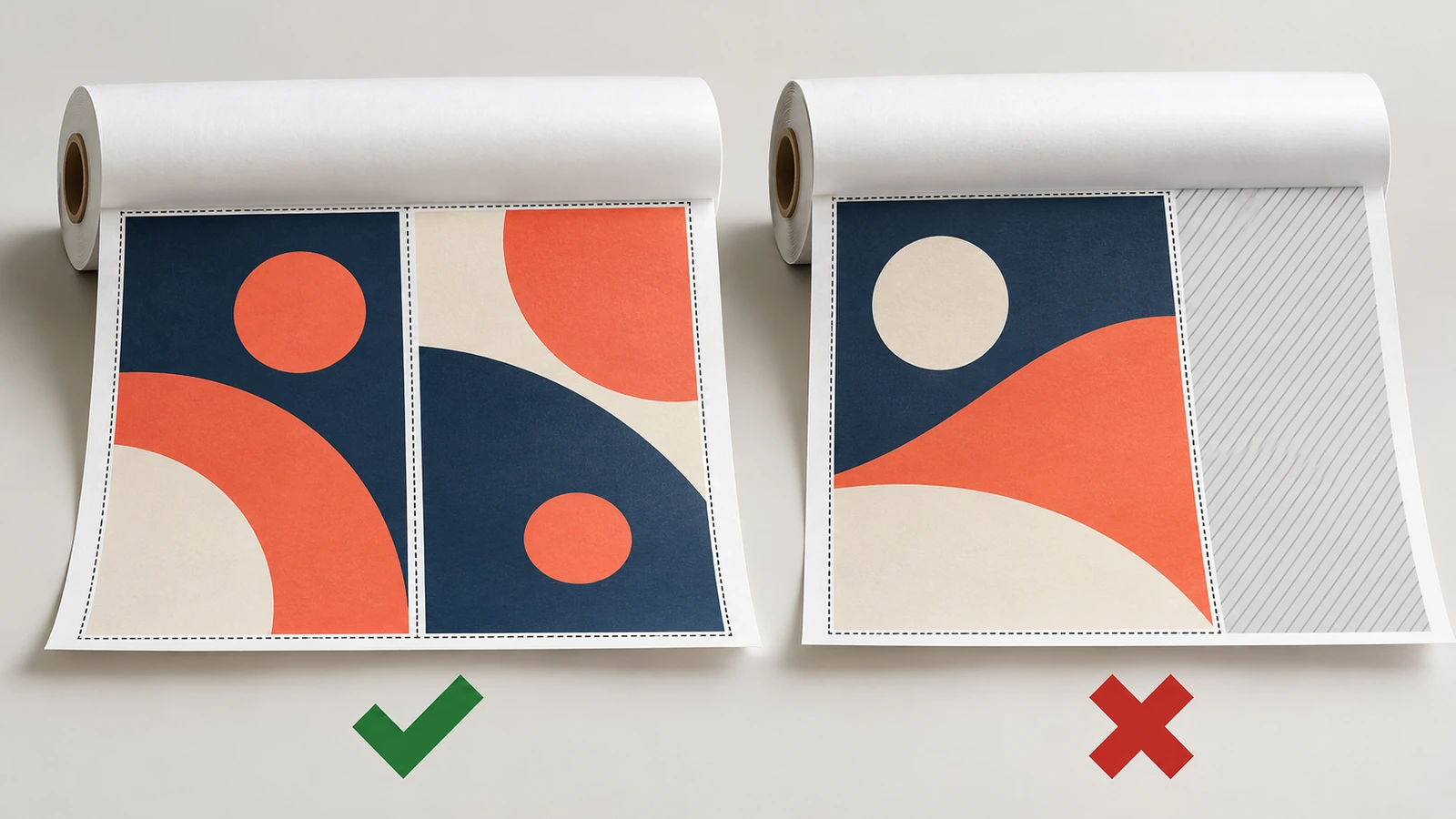Top-down diagram of a printing roll showing two posters nested side by side with a narrow unused strip, next to a single larger poster with a wide unused strip