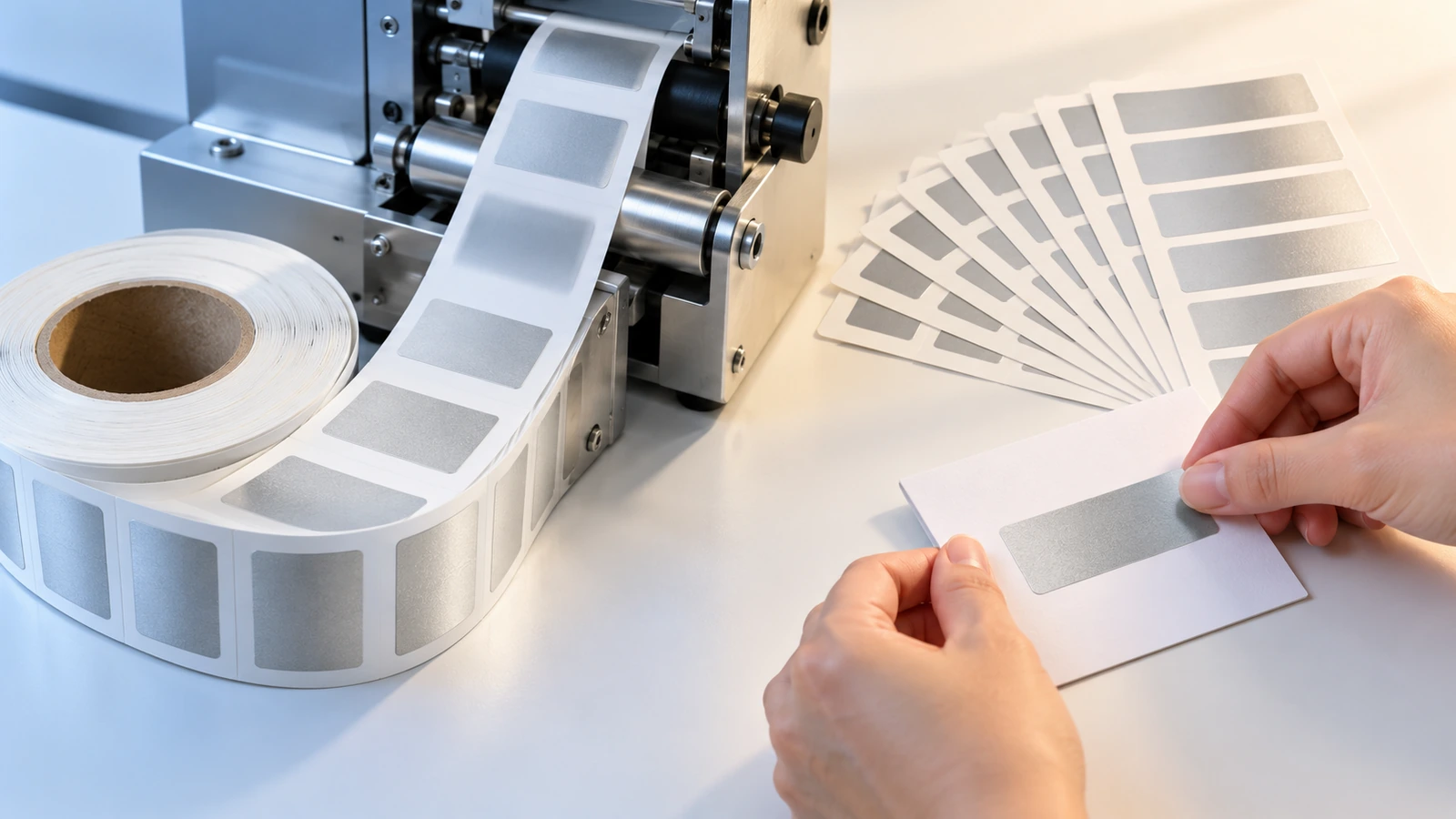 Side-by-side comparison of scratch-off labels wound on a roll for machine application and laid flat on sheets for hand application