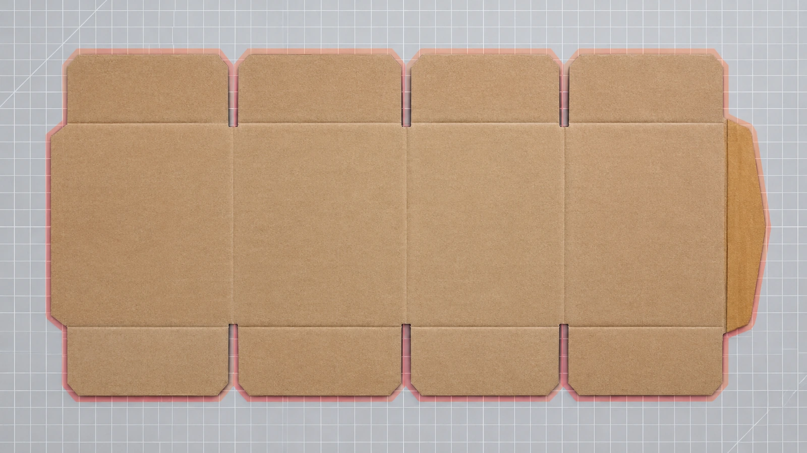 Flat unfolded regular slotted container blank showing four side panels, top and bottom flaps, a narrow glue flap in a contrasting color, and shaded trim areas around the sheet edge