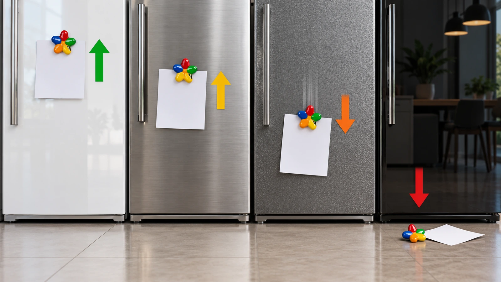 Four refrigerator door surfaces side by side, painted steel, brushed stainless, textured finish and glass panel, with arrows showing strong, partial, weak and no magnetic hold