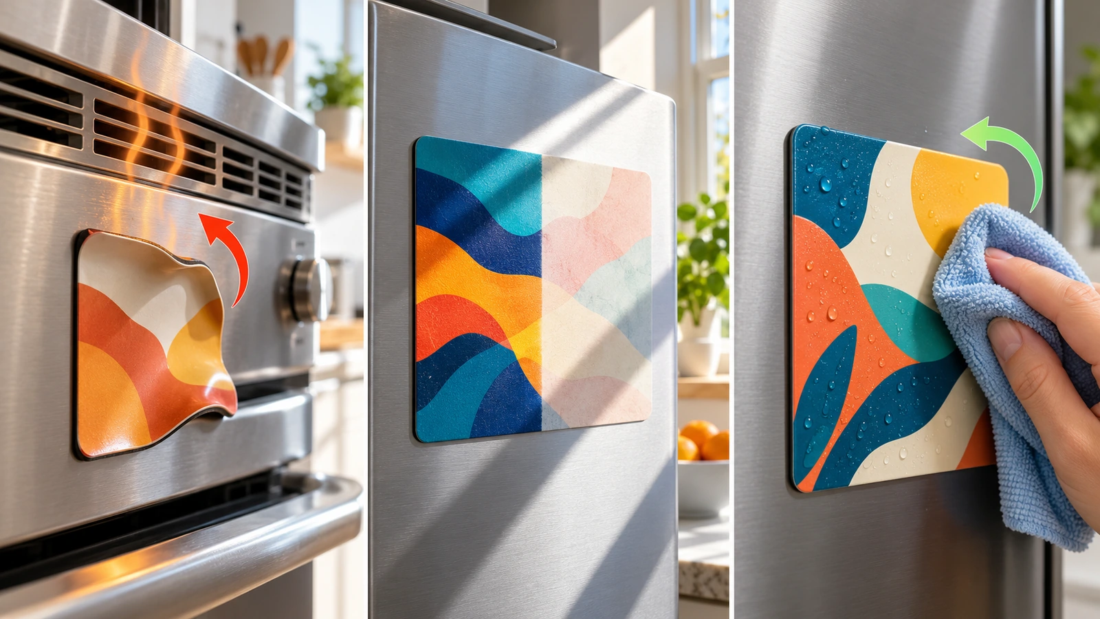 Kitchen scene showing a rubber fridge magnet warped near a hot oven vent, a faded magnet in window sunlight, and an intact magnet being wiped with a damp cloth