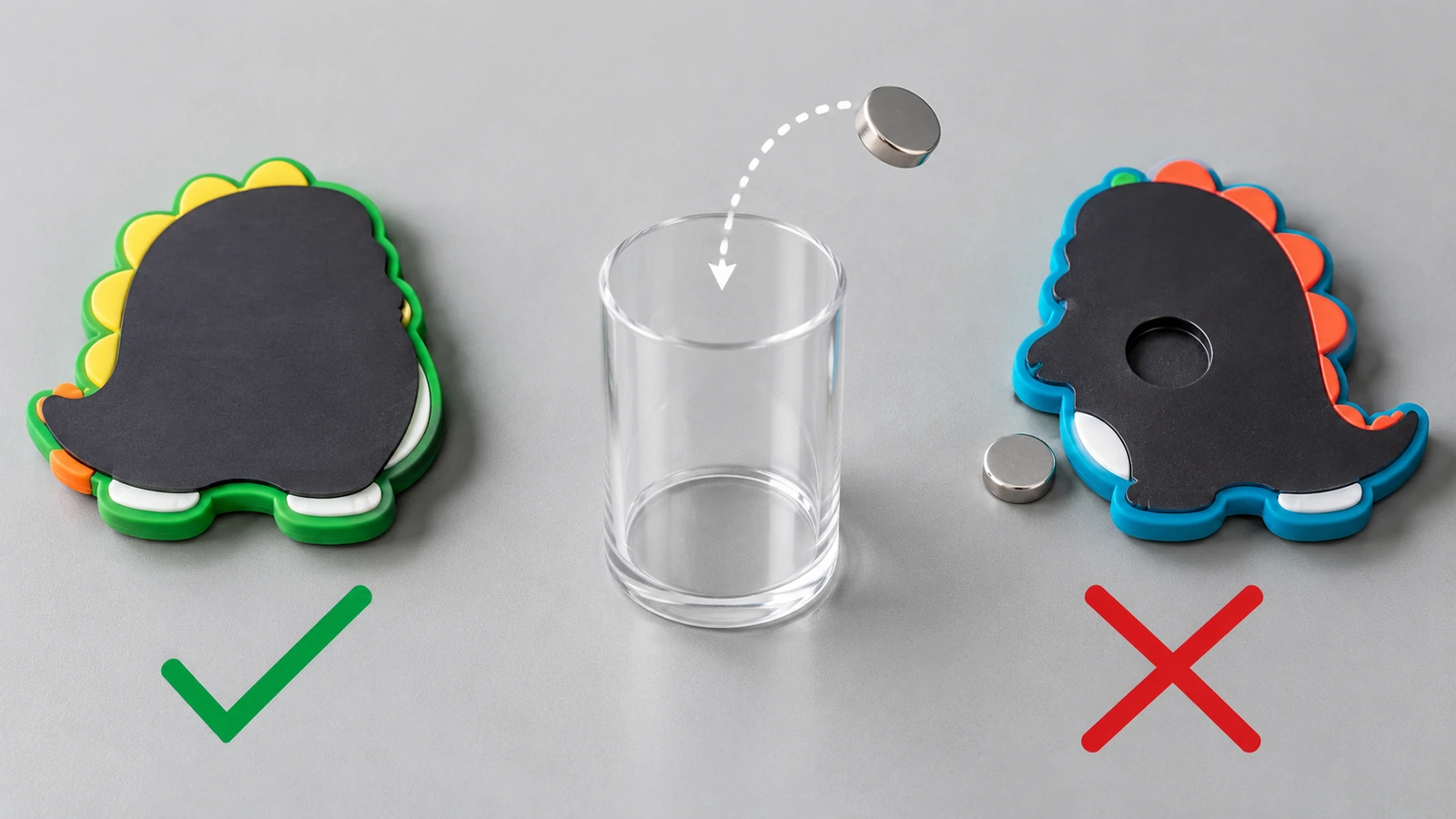 Back view of a soft PVC fridge magnet with a full-coverage bonded flexible strip beside a version with a small loose disc magnet, next to a clear small-parts test cylinder