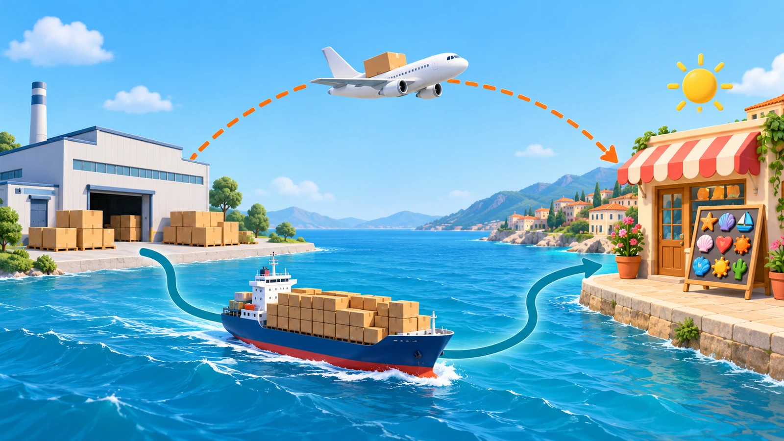 Two shipping paths from one factory: a small parcel on a plane and larger cartons on a container ship heading to the same destination
