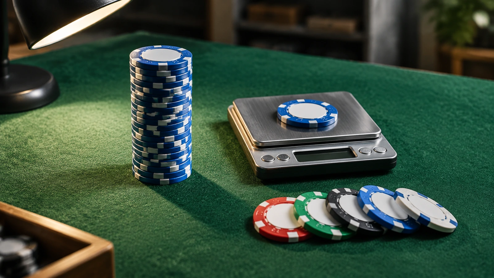 Poker chip samples on a green felt inspection bench next to a digital scale, a ruler-free straight stack and a desk lamp